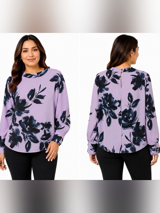 Worthington Tops - Worthington Petite Large Lavender Floral Blouse Women's Long Sleeve